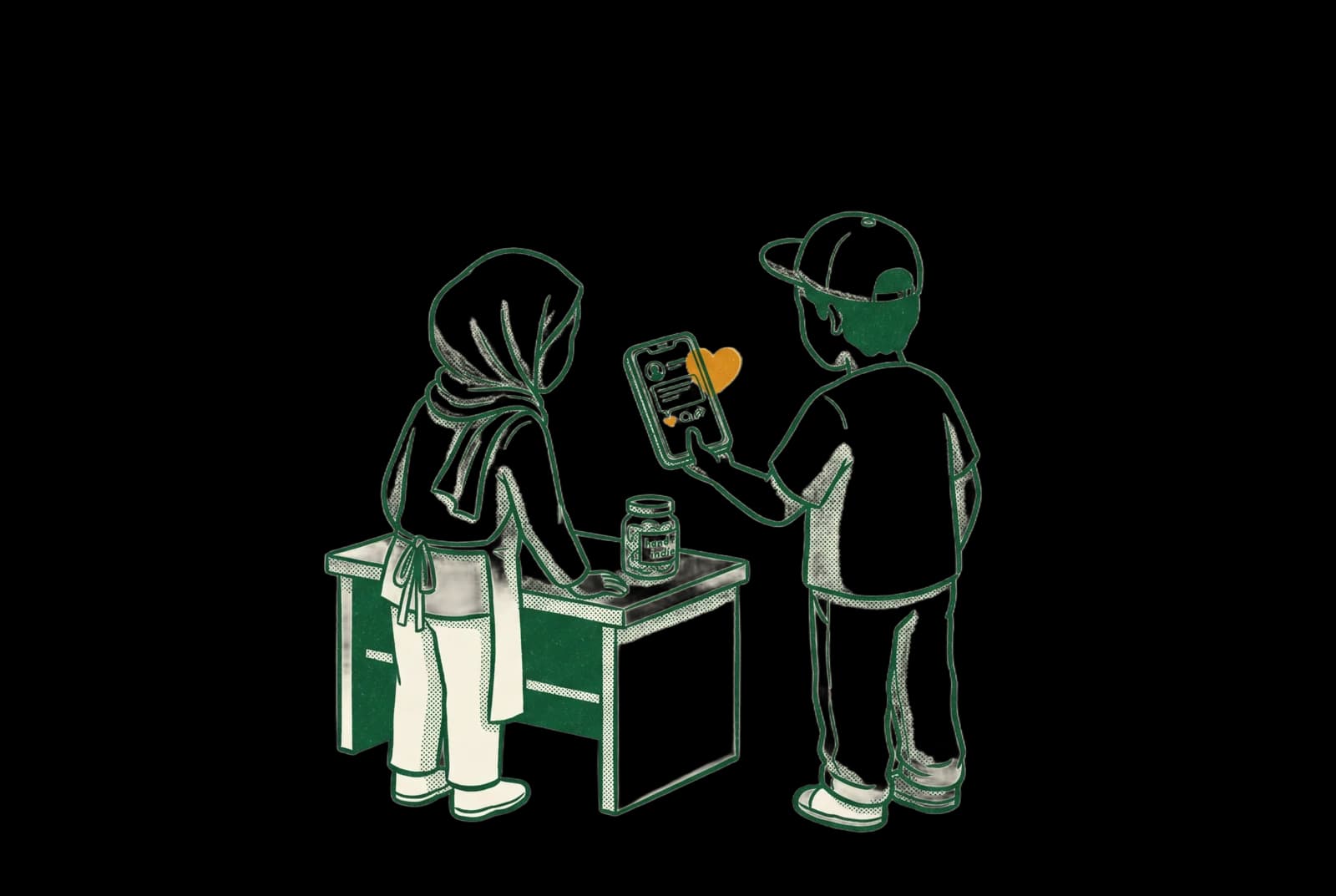 Ilustrasi seorang kreator menunjukkan post Threads yang viral kepada pemilik brand di kaunter pasar kecil.